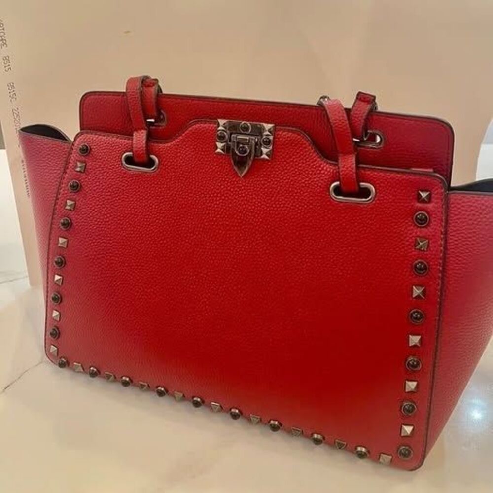Red Studded Leather Shoulder Bag